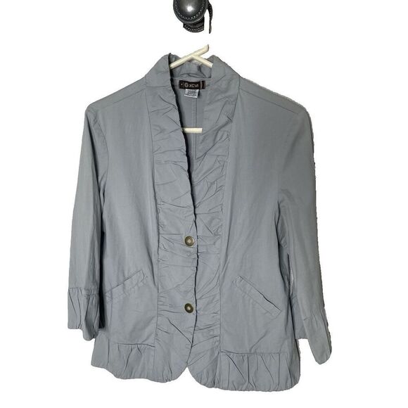 XCVI Jackets & Blazers - XCVI WEARABLES Gray Size L Jacket Stretch Cotton 3/4 Sleeve Puff Gathered Ruffle
